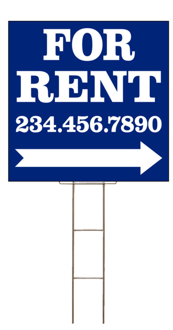 For Rent Sign And Wire Stake Unit With Large, Bold Text,  24"H X 24"W, 4mm Corrugated Plastic