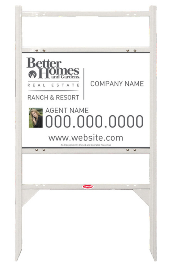 Ranch And Resort Real Estate White Angle Iron Sign Frame And Photo Panel Unit With Two Rider Inserts, 24 GA Steel 18"H X 24"W