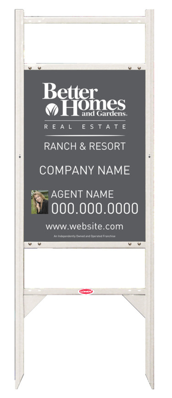 Ranch And Resort Real Estate White Angle Iron Sign Frame And Photo Panel Unit With Two Rider Inserts, 24 GA Steel 24"H X 18"W