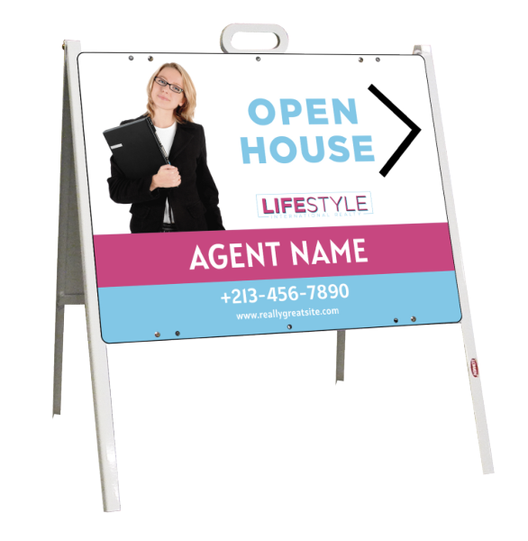 Lifestyle International Realty Agent Cut Out Photo Open House A-Frame and Sign Panel Unit, 18"h x 24"w, Steel