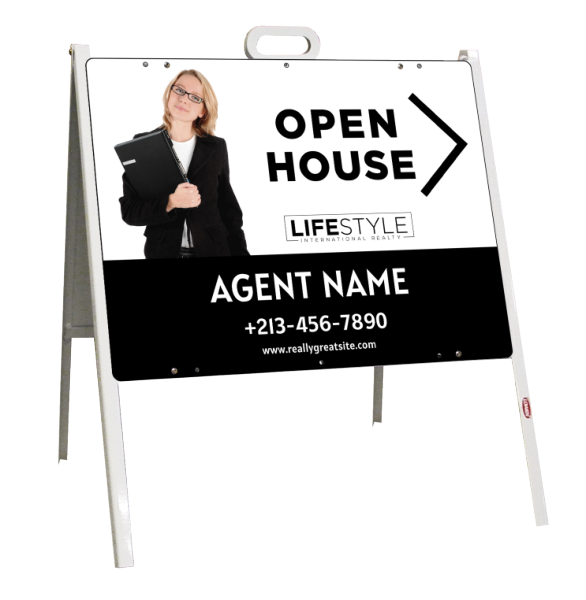 Lifestyle International Realty Agent Cut Out Photo Open House A-Frame and Sign Panel Unit, 18"h x 24"w, Steel