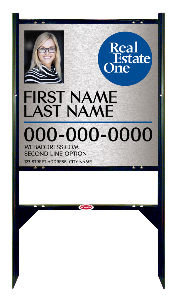 Angle Iron Frame W/ 1 Rider Inserts And Agent Photo Sign Panel Unit, 24"H X 24"W, 3mm Brushed Aluminum Composite