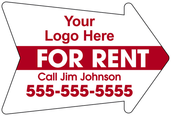 For Rent Arrow Shape Sign, with area for Custom Logo, 18h x 24w, 4mm Corrugated Plastic