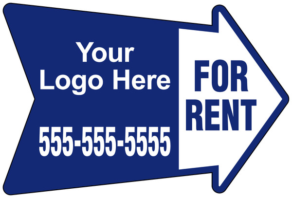 For Rent Arrow Shape Sign, with area for Custom Logo, 18h x 24w, 4mm Corrugated Plastic