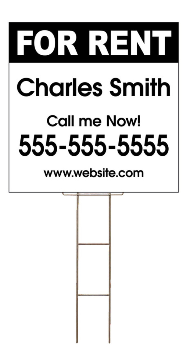 For Rent Sign and Wire Stake Unit with Space for Your Name, 24h x 24w, 4mm Corrugated Plastic