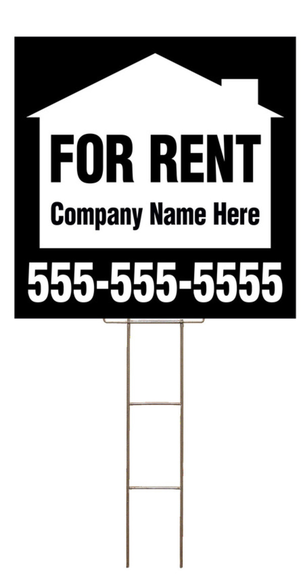 For Rent Sign and Wire Stake Unit with Space for Company Name, 24h x 24w, 4mm Corrugated Plastic