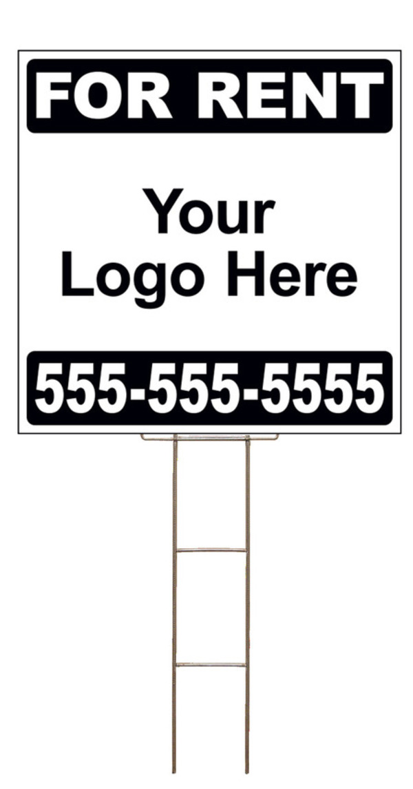 For Rent Sign and Wire Stake Unit with area for Custom Logo, 24h x 24w, 4mm Corrugated Plastic