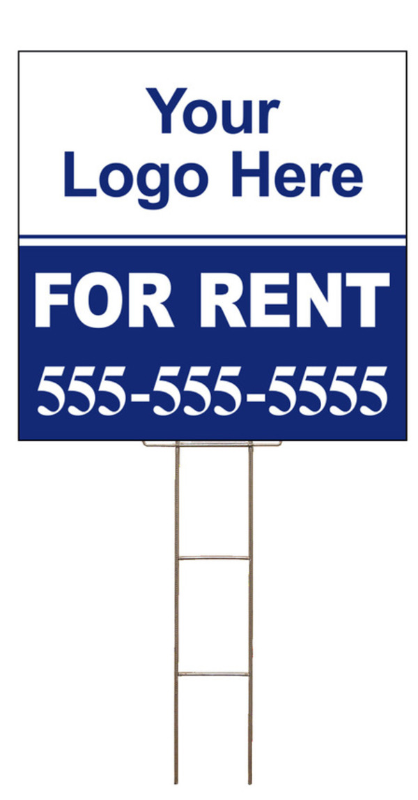 For Rent Sign and Wire Stake Unit with area for Custom Logo, 24h x 24w, 4mm Corrugated Plastic