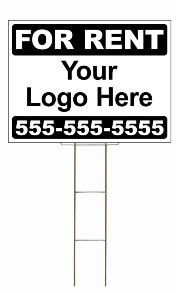 For Rent Sign and Wire Stake Unit with area for Custom Logo, 18h x 24w, 4mm Corrugated Plastic