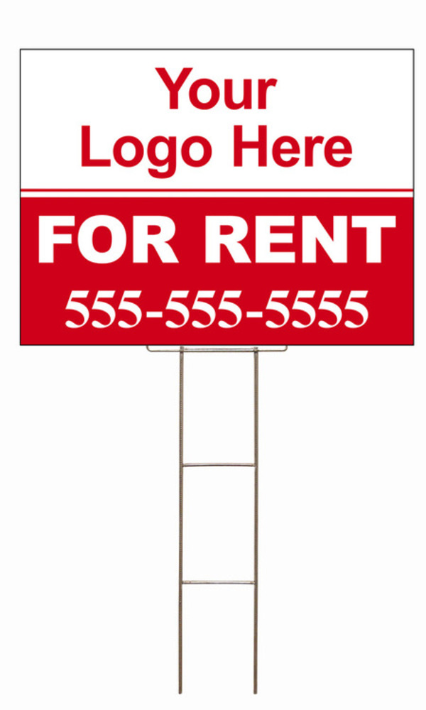 For Rent Sign and Wire Stake Unit with area for Custom Logo, 18h x 24w, 4mm Corrugated Plastic