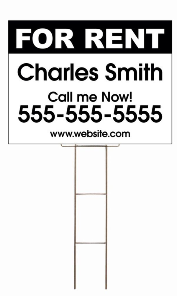 For Rent Sign and Wire Stake Unit with Space for Your Name, 18h x 24w, 4mm Corrugated Plastic