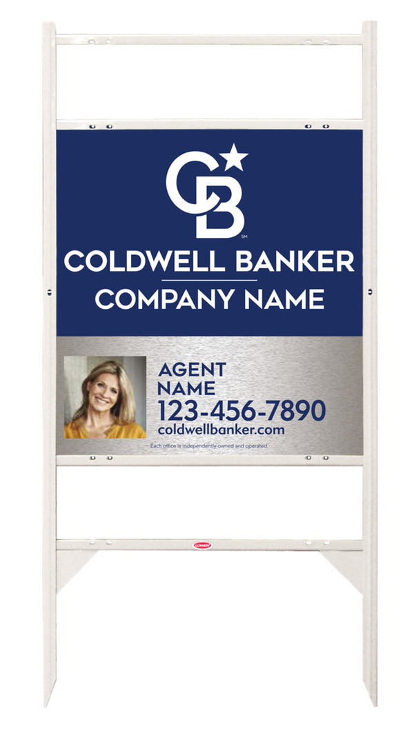 Angle Iron Frame w 2 Rider Inserts and Agent Photo Sign Panel Unit, 25h x 24w, Brushed Aluminum Composite