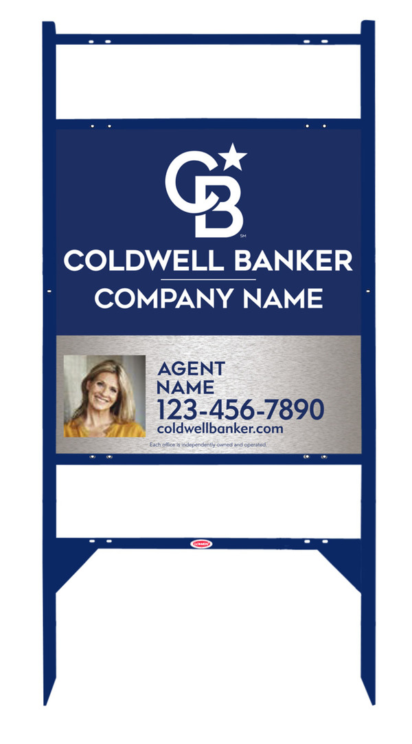 Angle Iron Frame w 2 Rider Inserts and Agent Photo Sign Panel Unit, 25h x 24w, Brushed Aluminum Composite