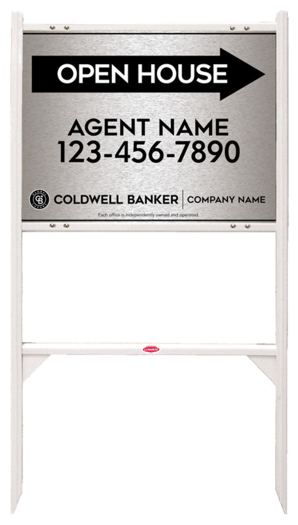Angle Iron Frame and Agent Open House Sign Panel Unit, 18h x 24w, Brushed Aluminum Composite