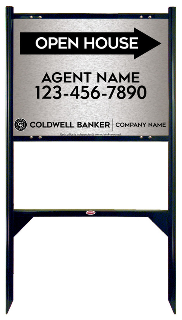 Angle Iron Frame and Agent Open House Sign Panel Unit, 18h x 24w, Brushed Aluminum Composite