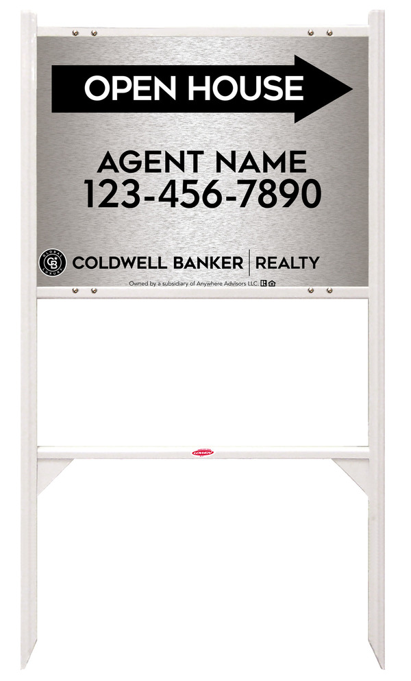 Angle Iron Frame and Agent Open House Sign Panel Unit, 18h x 24w, Brushed Aluminum Composite