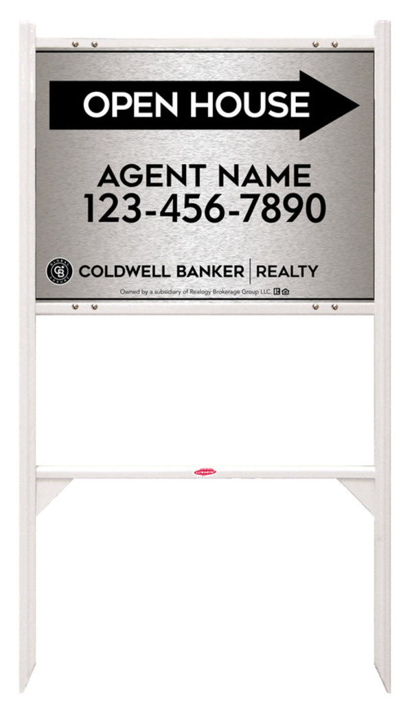 Angle Iron Frame and Agent Open House Sign Panel Unit, 18h x 24w, Brushed Aluminum Composite