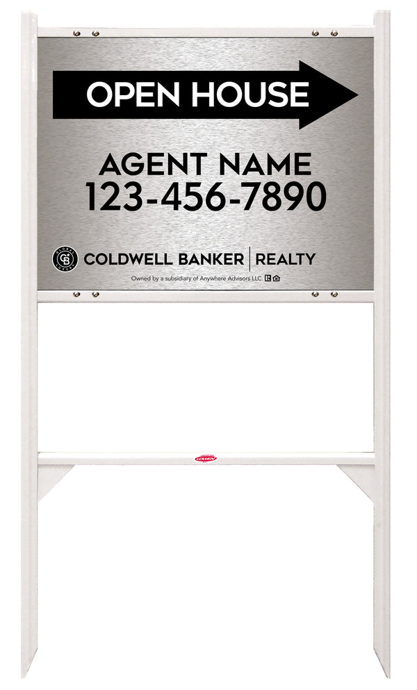 Angle Iron Frame and Agent Open House Sign Panel Unit, 18h x 24w, Brushed Aluminum Composite