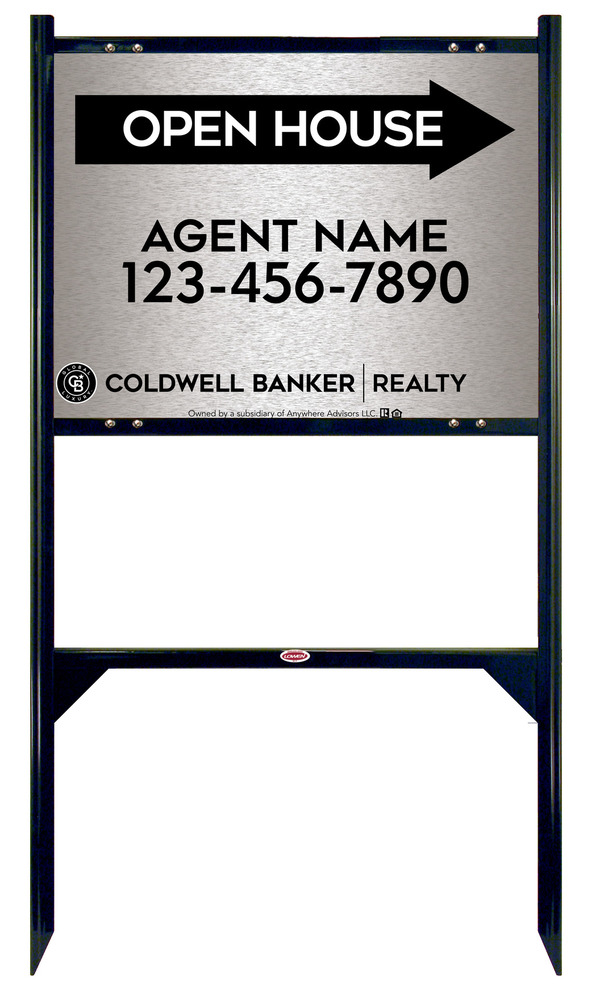 Angle Iron Frame and Agent Open House Sign Panel Unit, 18h x 24w, Brushed Aluminum Composite