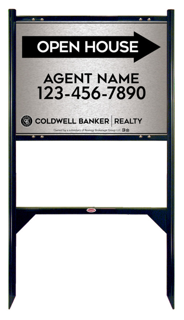 Angle Iron Frame and Agent Open House Sign Panel Unit, 18h x 24w, Brushed Aluminum Composite