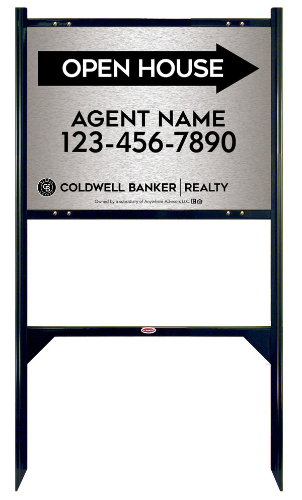 Angle Iron Frame and Agent Open House Sign Panel Unit, 18h x 24w, Brushed Aluminum Composite