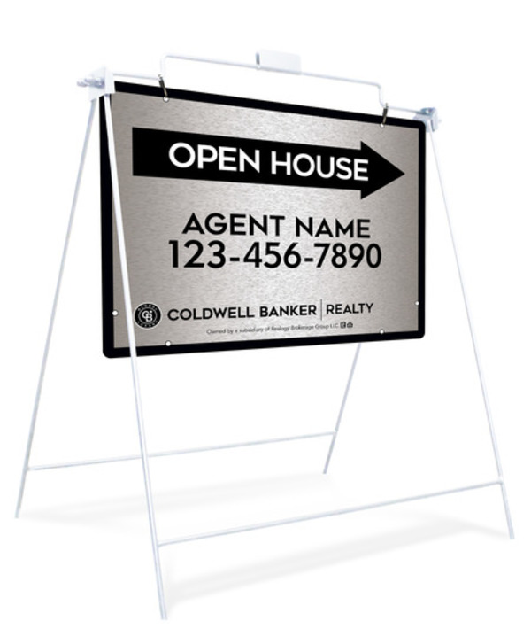 Swinging A-Frame and Agent Open House Sign Panel Unit, 18h x 24w, Brushed Aluminum Composite