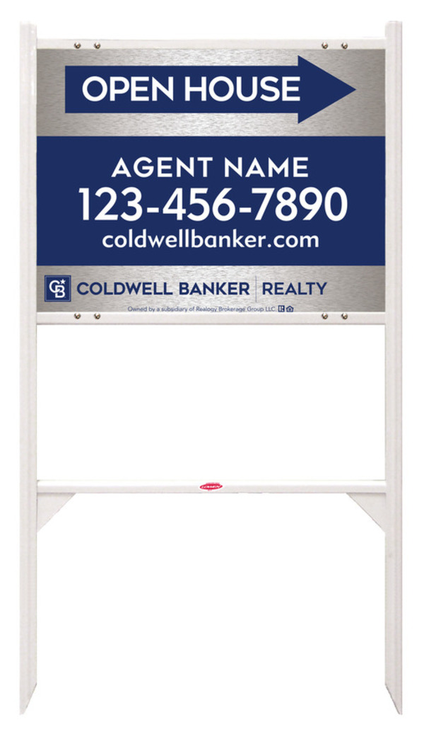 Angle Iron Frame and Agent Open House Sign Panel Unit, 18h x 24w, Brushed Aluminum Composite