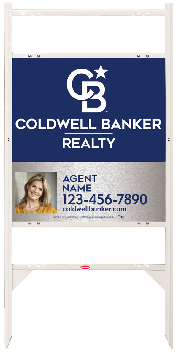 Angle Iron Frame w 2 Rider Inserts and Agent Photo Sign Panel Unit, 25h x 24w, Brushed Aluminum Composite