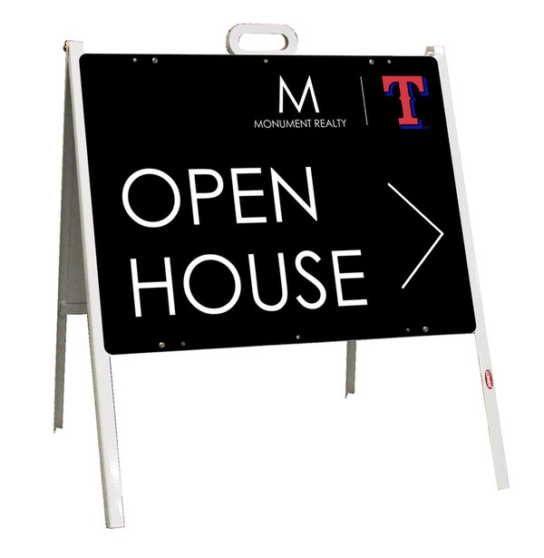 Angle Iron A-Frame and Open House w T Logo Sign Panel Unit, 18h x 24w, Steel