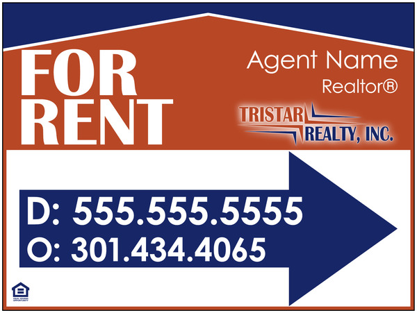 Directional AGENT FOR RENT Sign Panel, Corrugated 4mm. 18h x 24w